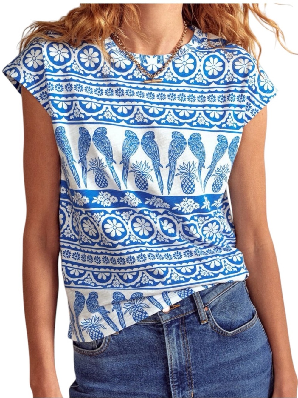 Boden Louisa Blue White Bird Parrot Print Slub Cotton Tee / T-Shirt - L